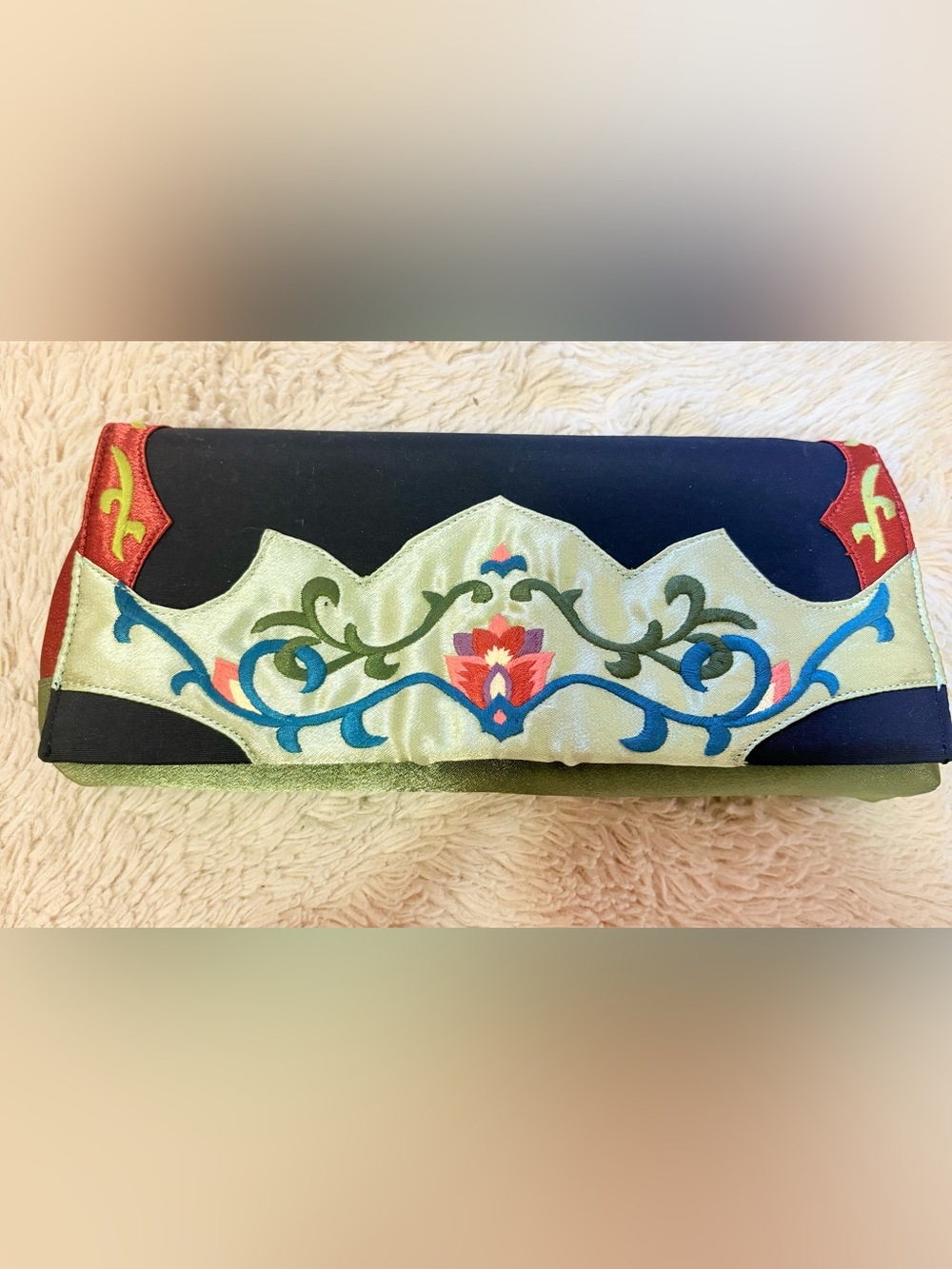 Vintage Perfume River Embroidered Silk Satin Foldover Clutch Evening Bag Boho